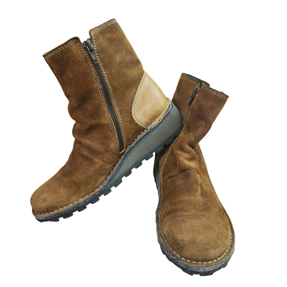 Fly London Brown Suede Wedge Mid Calf Boots Dual Zip Portugal Womens 36
